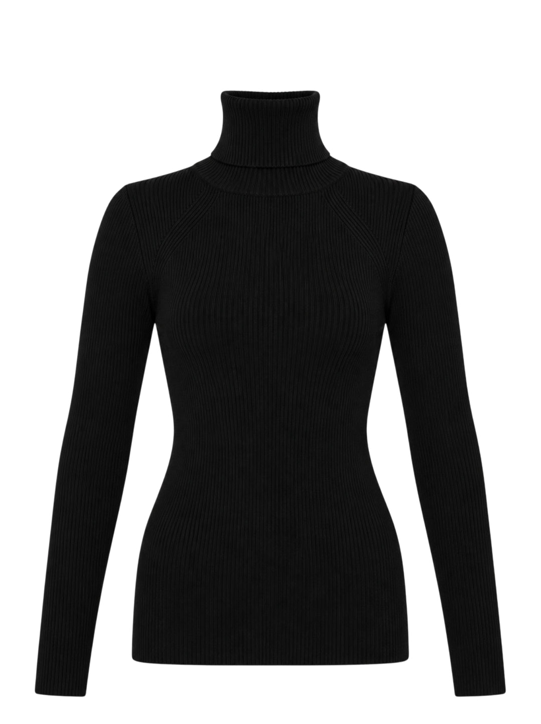 Junya Watanabe black ribbed turtleneck knit top with long raglan sleeves and fitted silhouette, front view