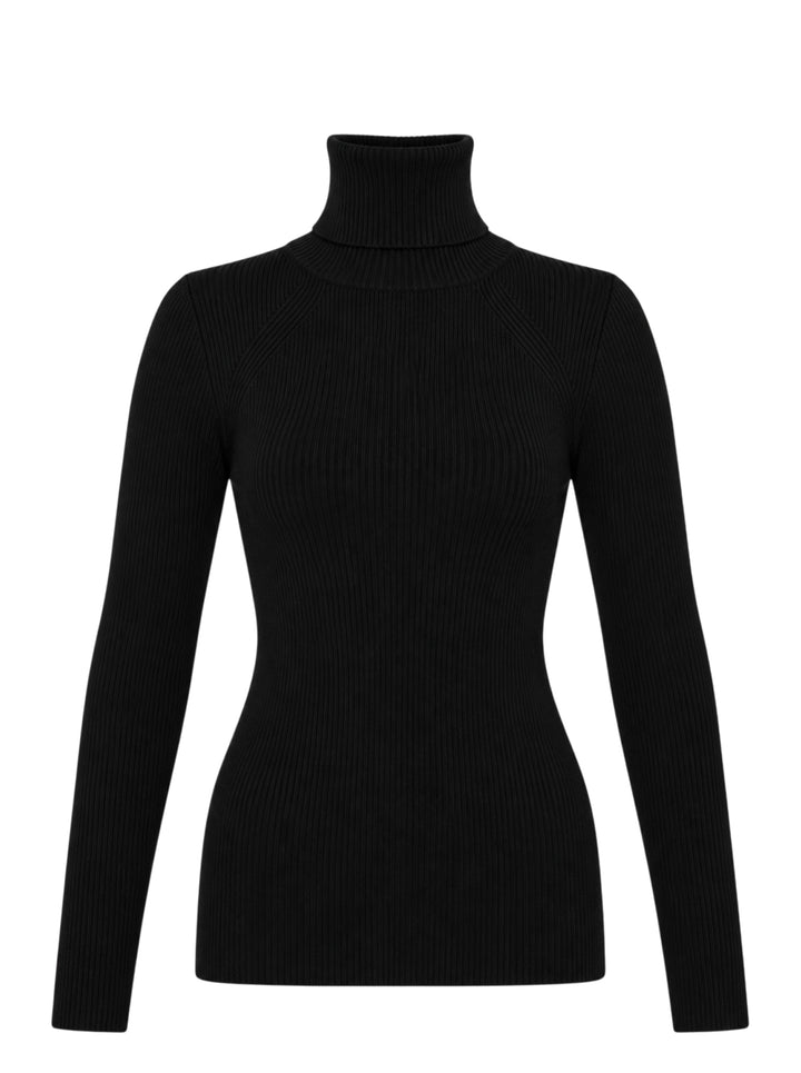 Junya Watanabe black ribbed turtleneck knit top with long raglan sleeves and fitted silhouette, front view