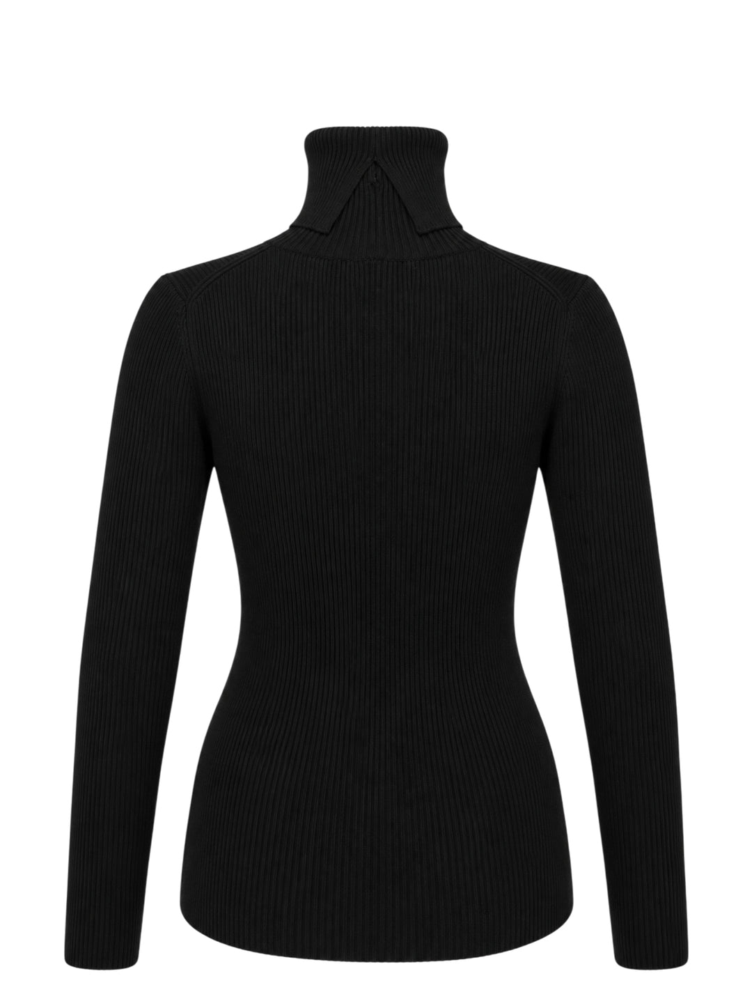 Junya Watanabe black ribbed turtleneck knit top with long raglan sleeves and fitted silhouette, front view - view 2