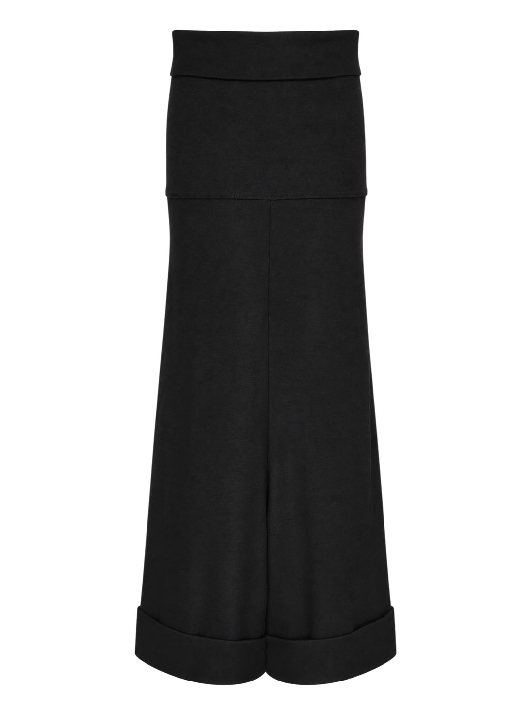 Junya Watanabe straight-leg minimal pants in black, featuring a fold-over waistband, wide silhouette, centre-front seam, and deep turned cuff at the hem, displayed flat on a white background