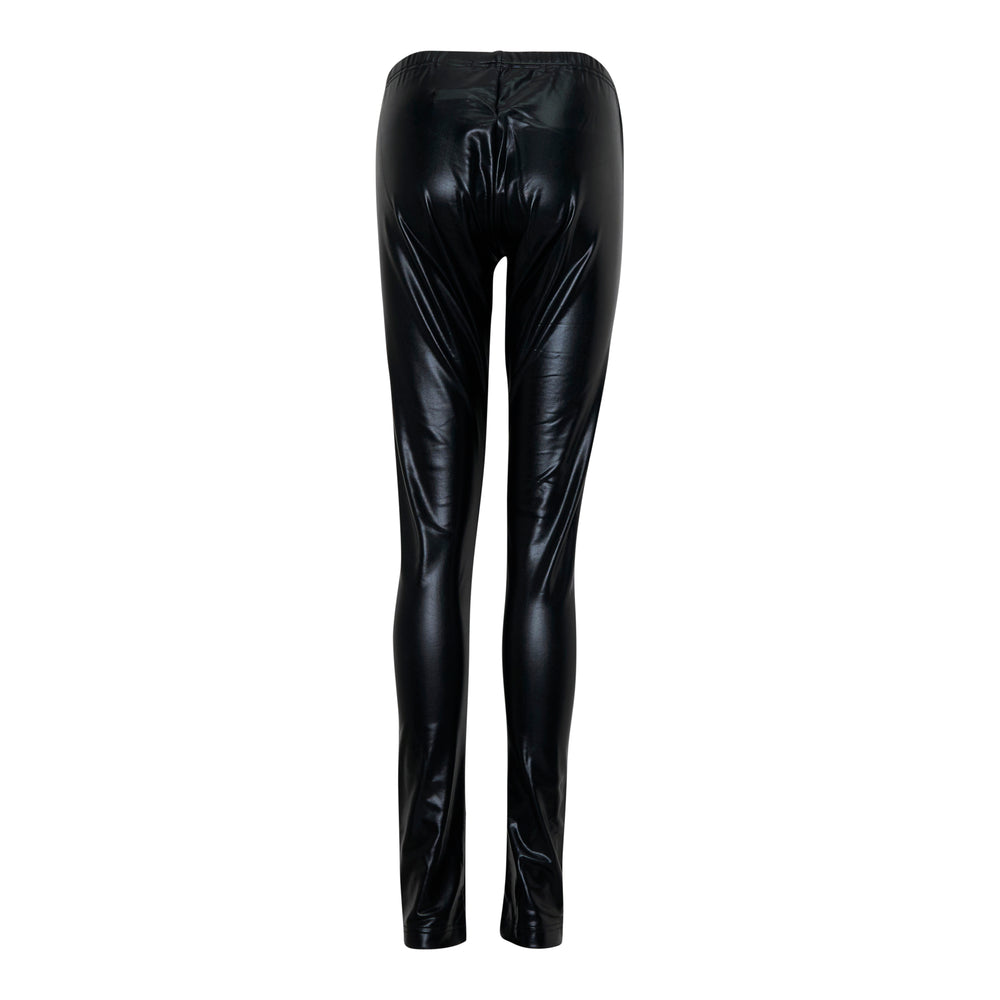 Junya Watanabe black high-sheen faux-leather stretch leggings with elasticated waist, slim silhouette, full-length cut, flat lay on white background