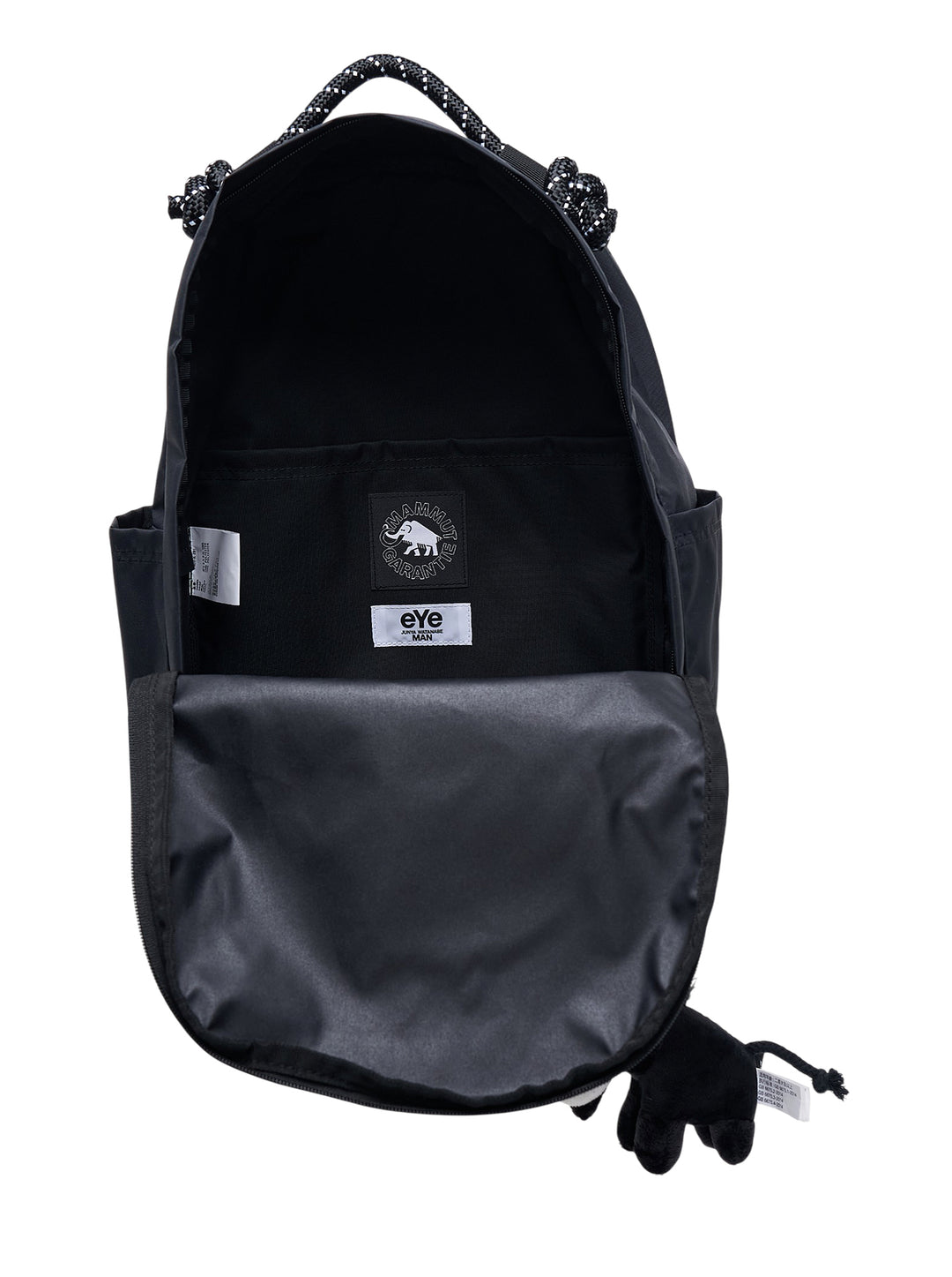 Junya Watanabe x Mammut black backpack with front zip pocket and a plush black mammoth charm clipped to the base - view 3