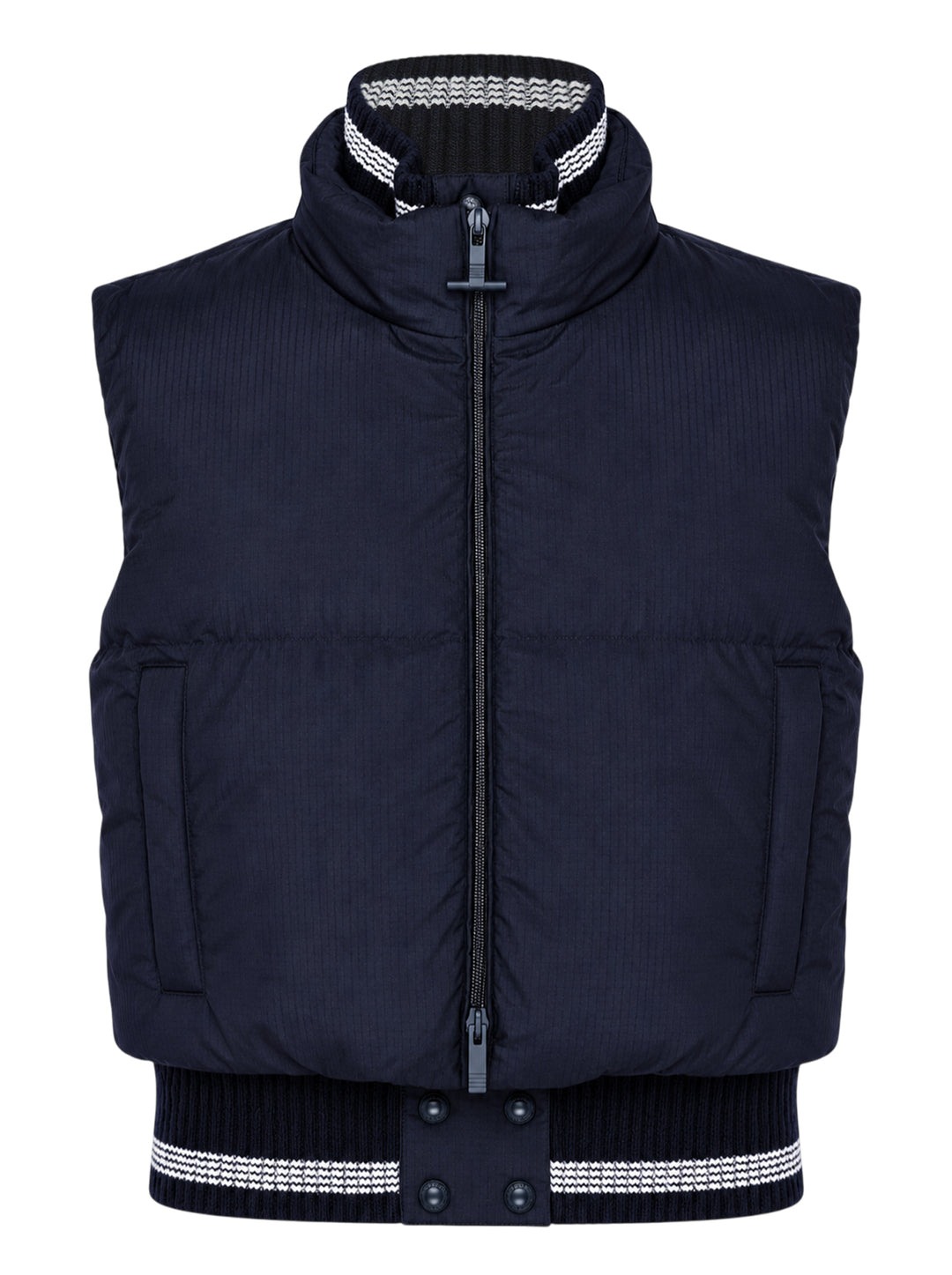 Thom Browne navy cropped down-filled zip-front vest with striped rib-knit collar and hem