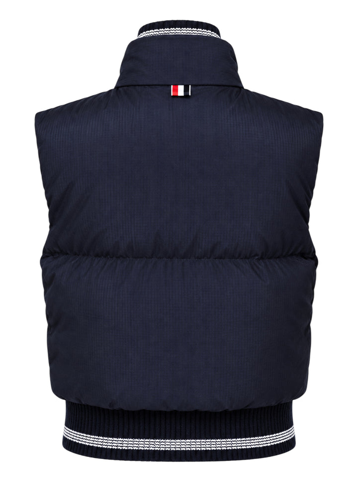 Thom Browne navy cropped down-filled zip-front vest with striped rib-knit collar and hem - view 2