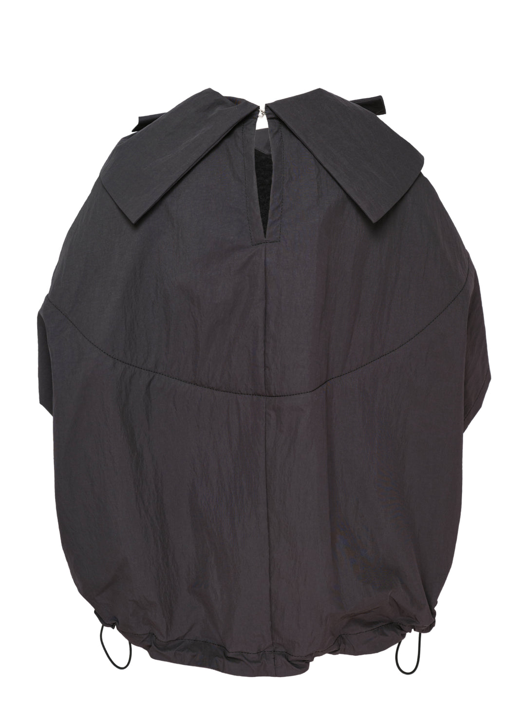 Tao structured cape top in dark charcoal with an oversized gathered bow at the neckline, patch pockets, and a drawstring elasticated hem, displayed on a plain white background - view 2