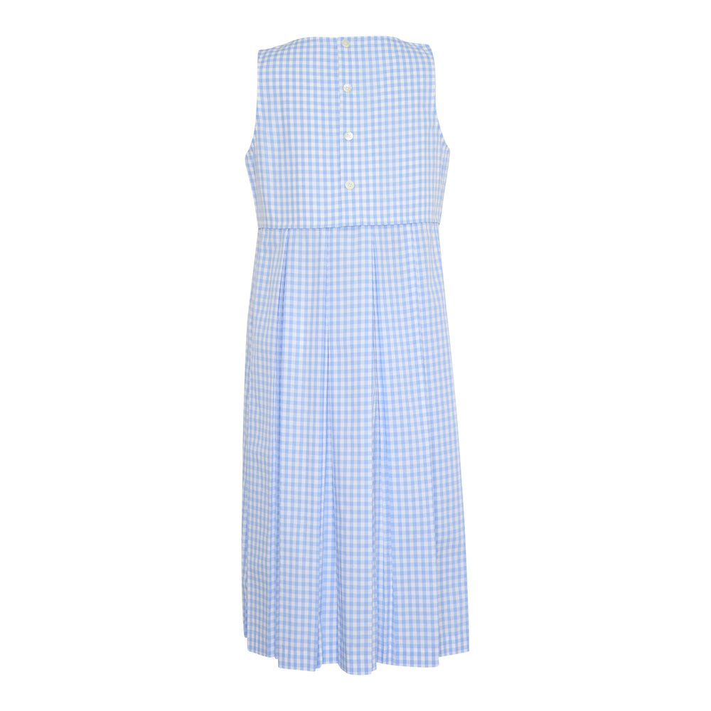 Tao sleeveless midi dress in light blue and white gingham check, featuring a straight neckline, empire waist seam, and pleated A-line skirt