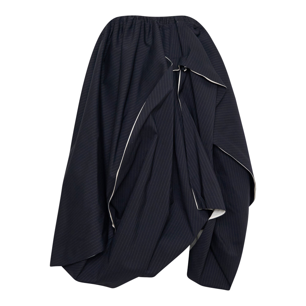 Tao navy pinstripe gathered waist skirt with asymmetric drape and contrast drawstring, voluminous silhouette