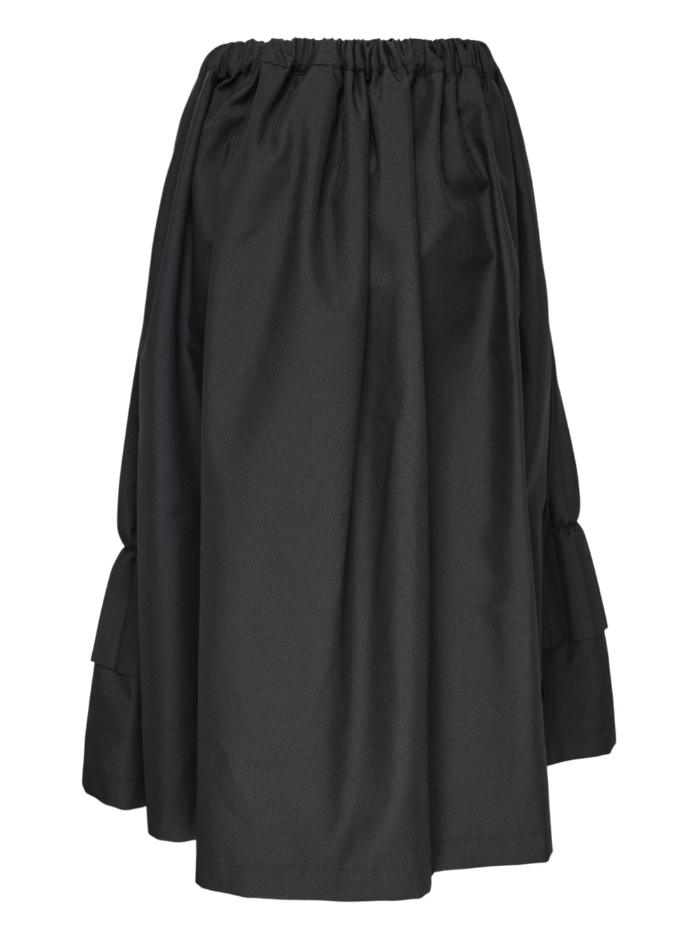 Tao black layered pleated midi skirt with elasticated waist, vertical pleats, gathered mid-section, and double-tiered ruffled hem, displayed on white background - view 2