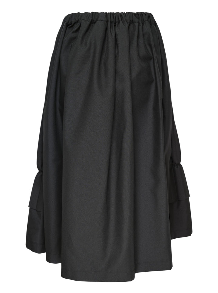 Tao black layered pleated midi skirt with elasticated waist, vertical pleats, gathered mid-section, and double-tiered ruffled hem, displayed on white background - view 2