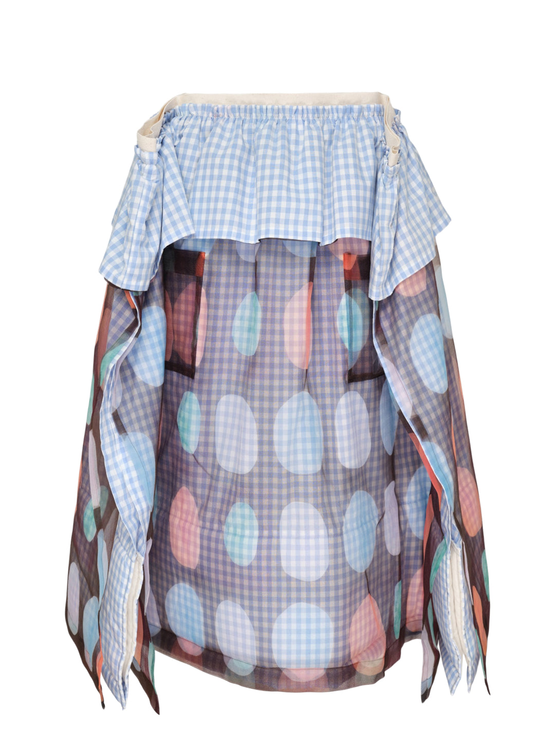 Tao gathered layered midi skirt with blue gingham cotton underlayer, ruffled peplum waist, and semi-sheer pastel polka-dot printed overlay with handkerchief hem edges