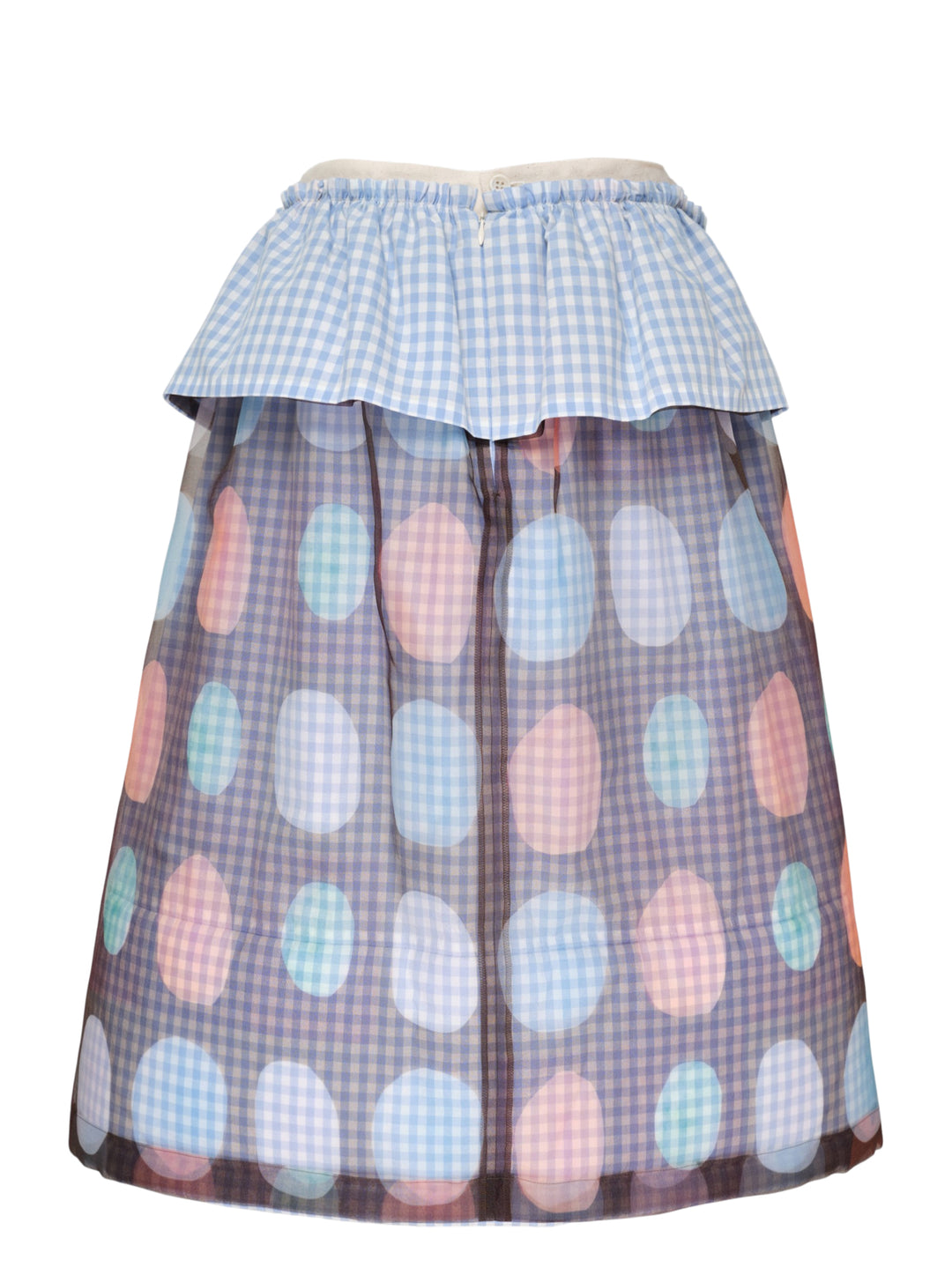 Tao gathered layered midi skirt with blue gingham cotton underlayer, ruffled peplum waist, and semi-sheer pastel polka-dot printed overlay with handkerchief hem edges - view 2