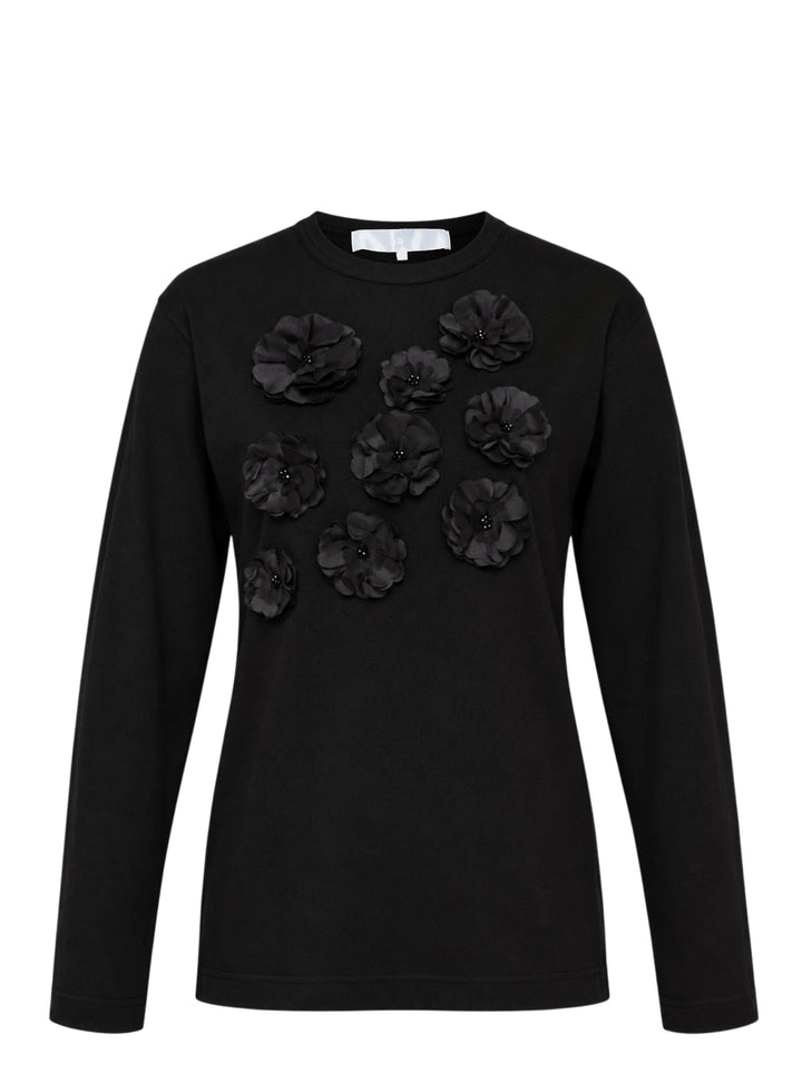 Tao black long sleeve crew neck top with nine tonal satin 3D floral appliqués and bead centres scattered across the chest, shot flat on a white background