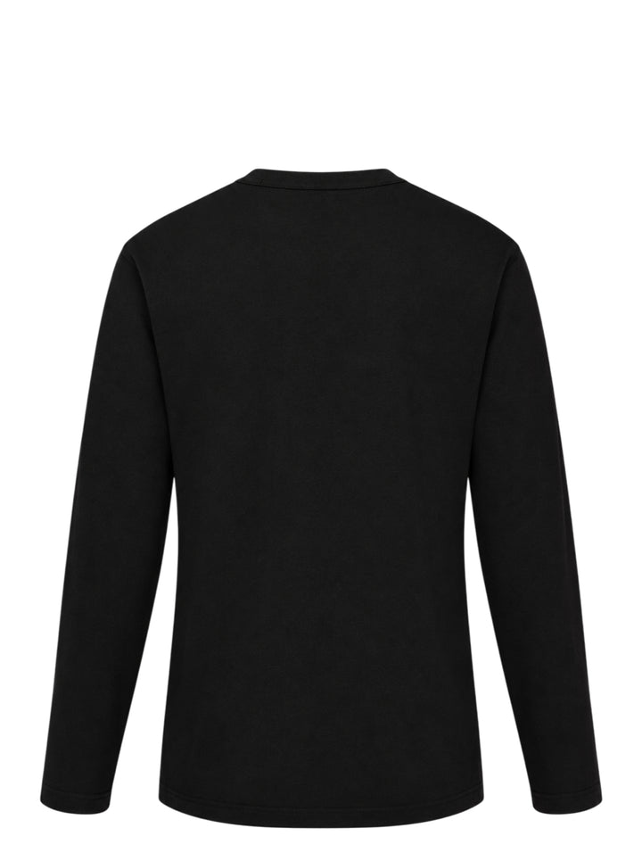 Tao black long sleeve crew neck top with nine tonal satin 3D floral appliqués and bead centres scattered across the chest, shot flat on a white background - view 2