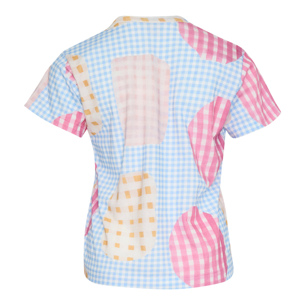 Tao gingham patchwork short sleeve tee with overlapping pastel blue, pink, yellow, and blush check shapes on a white background