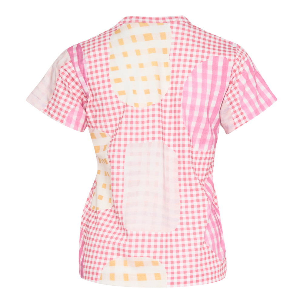 Tao gingham patchwork short sleeve tee with overlapping pastel blue, pink, yellow, and blush check shapes on a white background