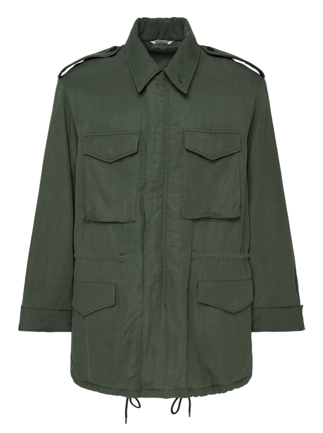 Auralee olive green padded blouson in brushed silk linen satin with four flap pockets, epaulettes and drawstring waist