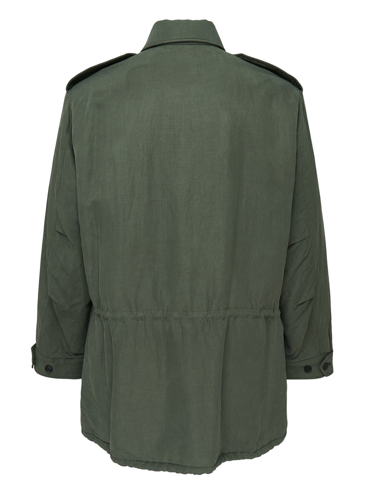 Auralee olive green padded blouson in brushed silk linen satin with four flap pockets, epaulettes and drawstring waist - view 2