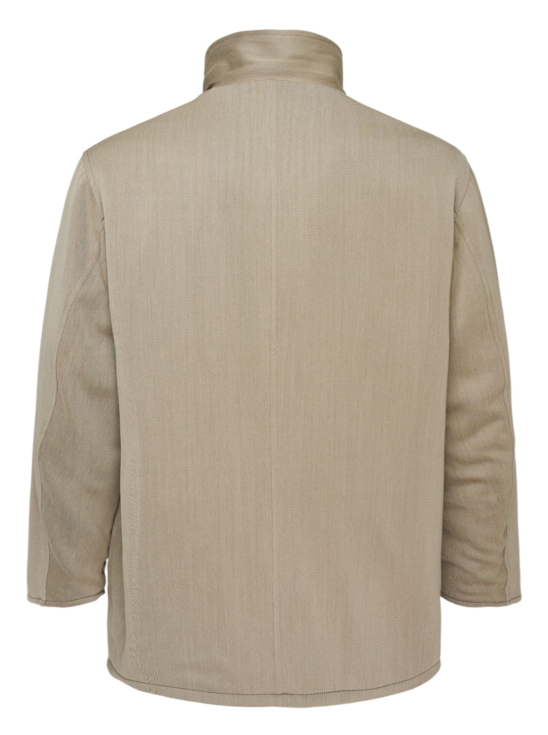 Auralee reversible wool twisted twill coat in beige with stand collar, button front and black leather reverse visible at the collar - view 2