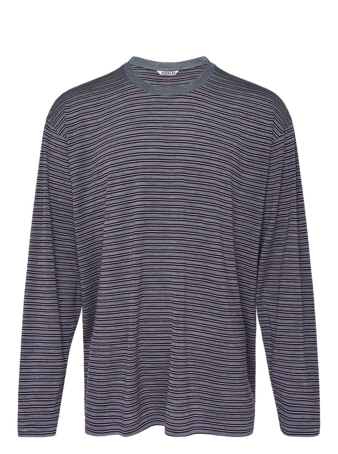 Auralee soft smooth wool stripe long sleeve tee in heather grey with fine plum and white stripes, shown flat from the front