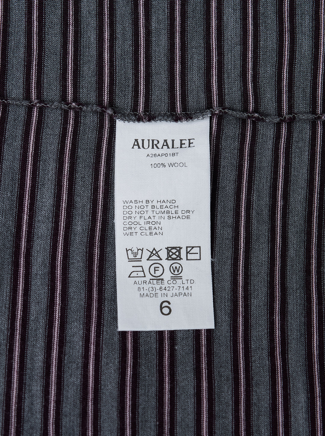 Auralee soft smooth wool stripe long sleeve tee in heather grey with fine plum and white stripes, shown flat from the front - view 3