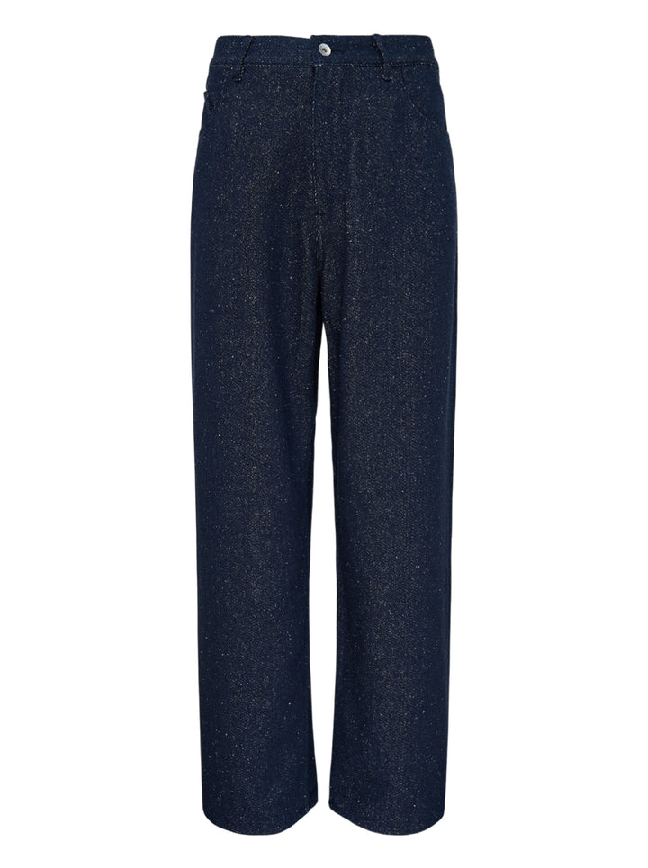 Auralee silk nep denim five-pocket wide pants in flecked dark indigo, shown front view