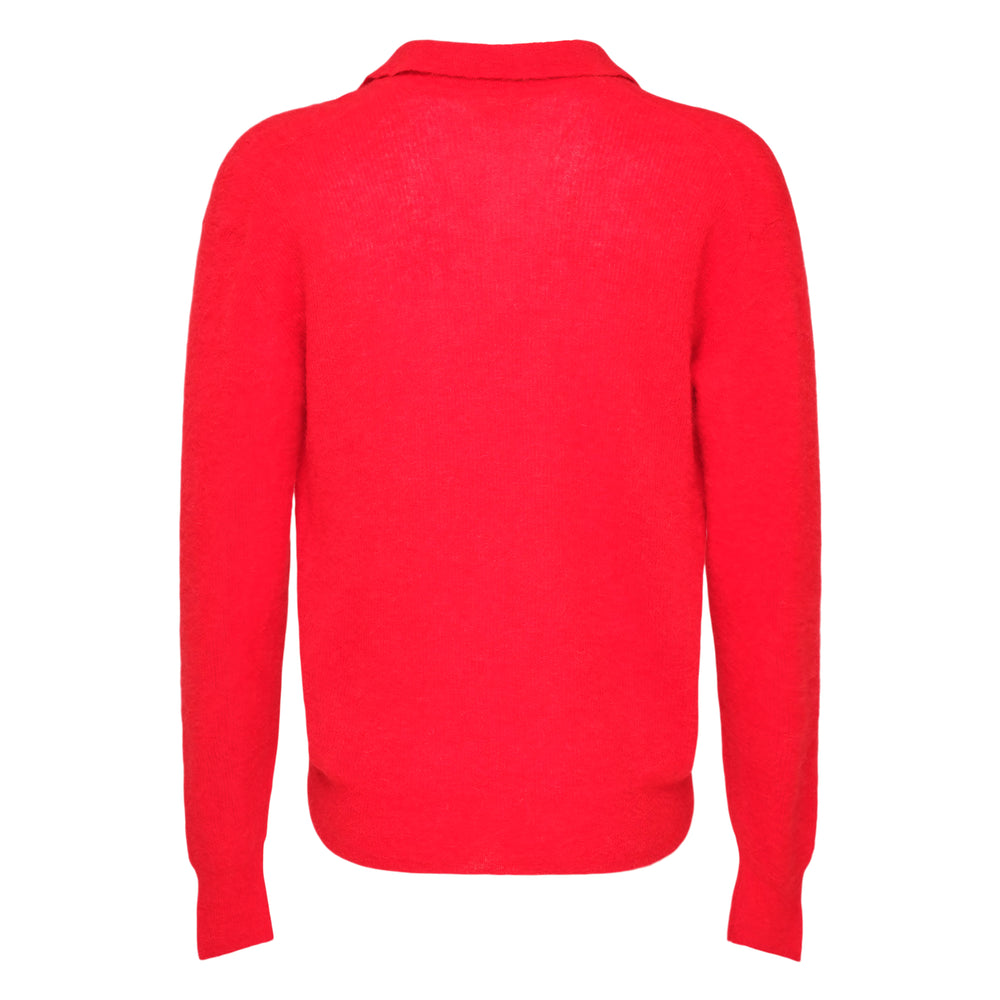Auralee Baby Suri Alpaca Sheer Knit in red, featuring an open polo collar with a deep V-neckline, long sleeves with ribbed cuffs, and a ribbed hem - view 2
