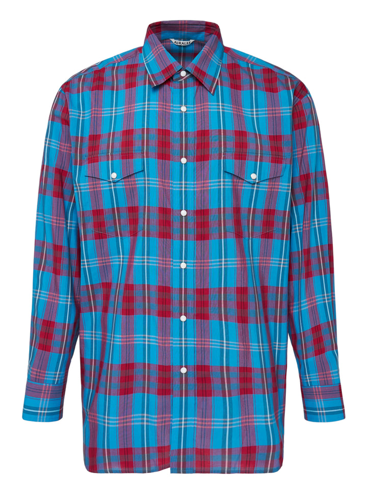 Auralee High Twist Cotton Silk Check long sleeve shirt in blue and red plaid with snap buttons and twin flap chest pockets