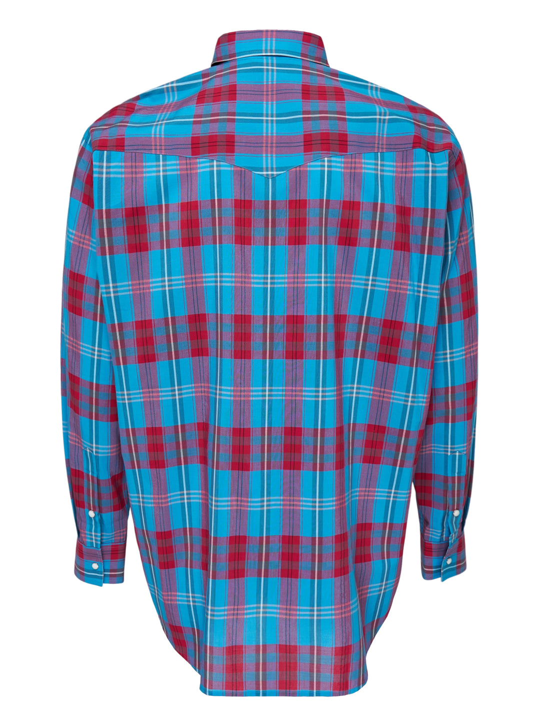 Auralee High Twist Cotton Silk Check long sleeve shirt in blue and red plaid with snap buttons and twin flap chest pockets - view 2