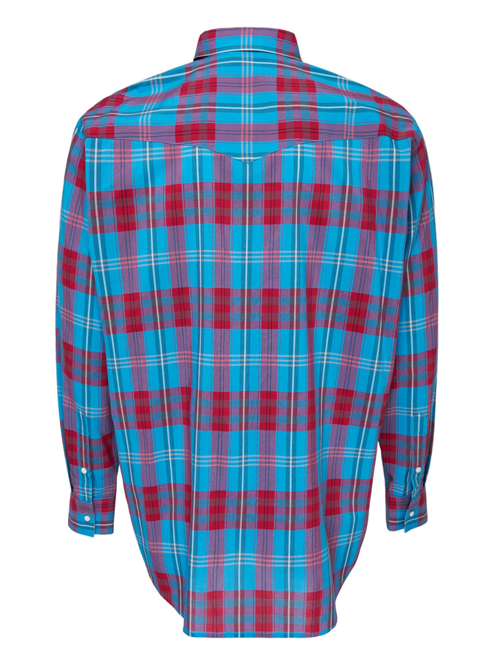 Auralee High Twist Cotton Silk Check long sleeve shirt in blue and red plaid with snap buttons and twin flap chest pockets - view 2