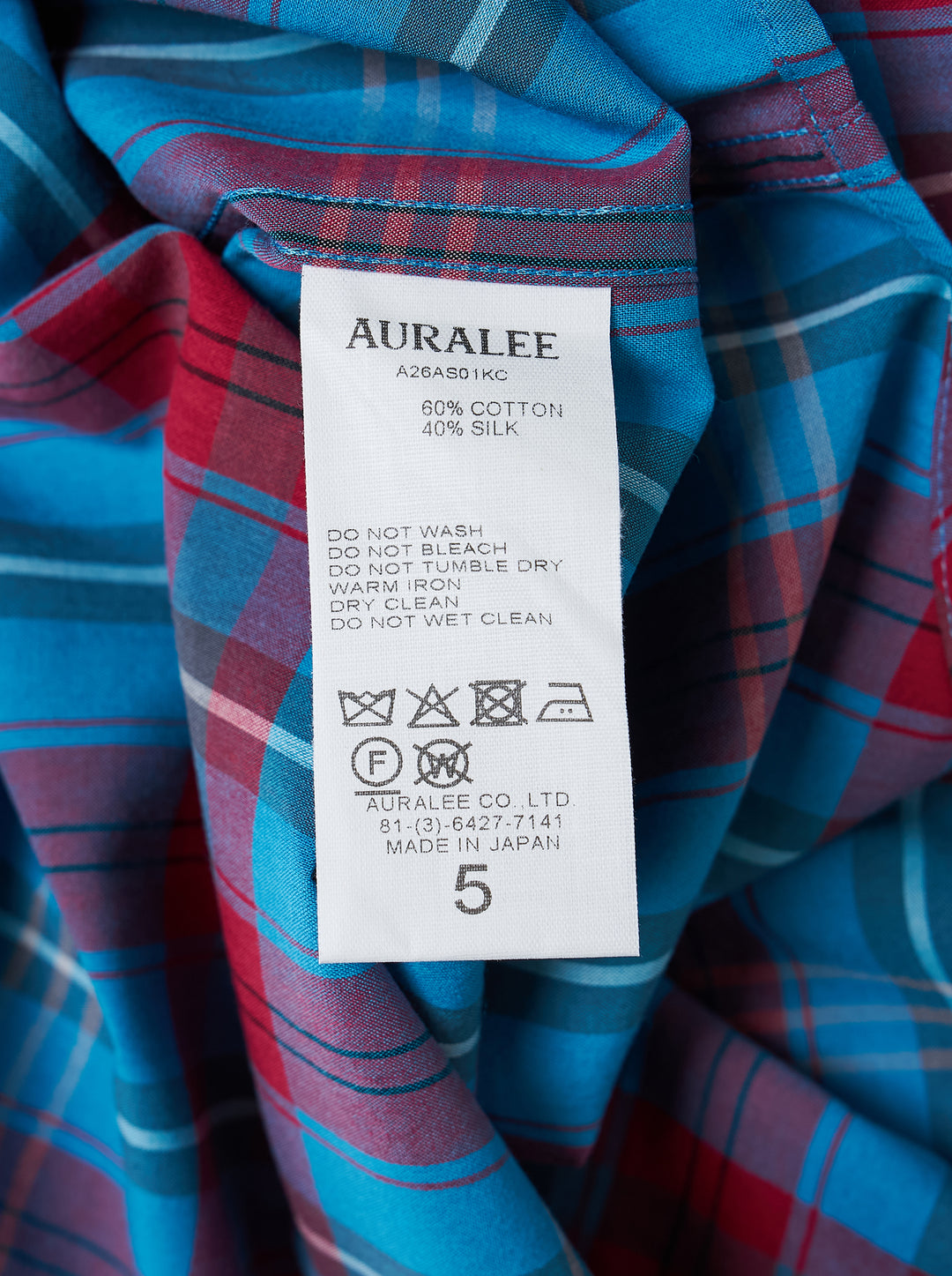 Auralee High Twist Cotton Silk Check long sleeve shirt in blue and red plaid with snap buttons and twin flap chest pockets - view 3
