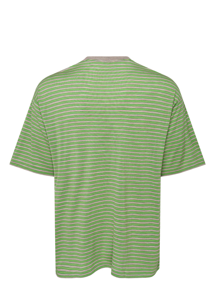 Auralee oversized short-sleeve tee in soft wool jersey with fine green and taupe horizontal stripes and a taupe ribbed crew neck - view 2