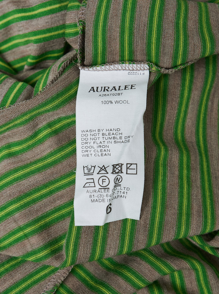 Auralee oversized short-sleeve tee in soft wool jersey with fine green and taupe horizontal stripes and a taupe ribbed crew neck - view 3
