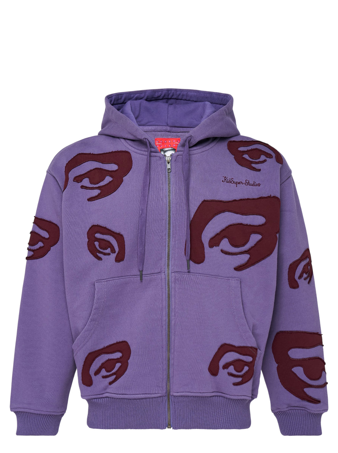 KidSuper Studios Allover Eye Zip Hoodie in lilac with burgundy raw-edge eye appliqués, drawstring hood and kangaroo pocket