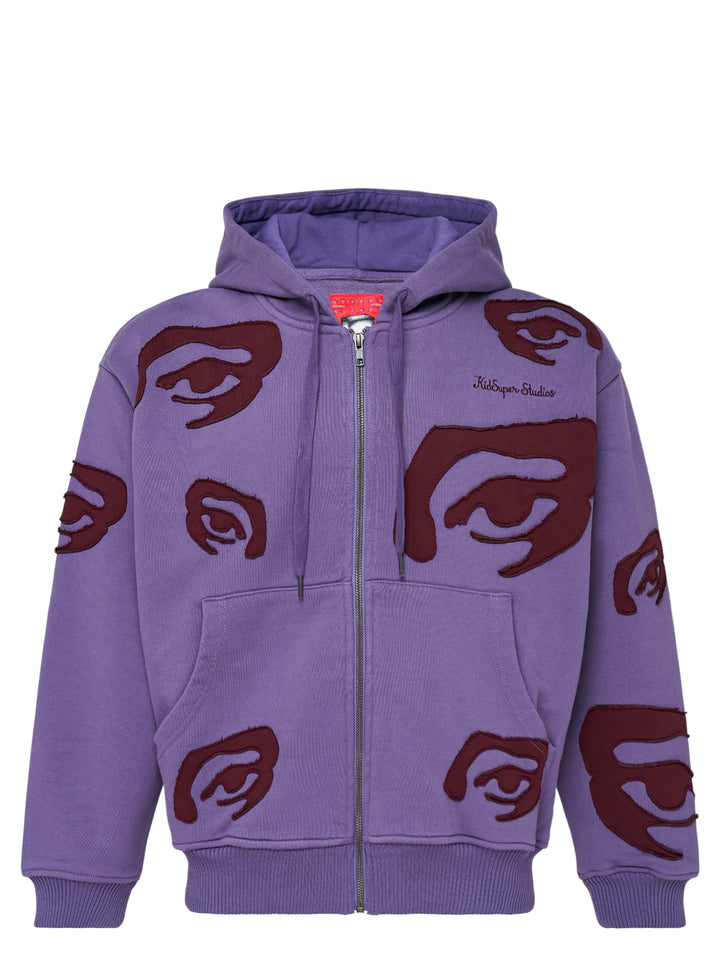 KidSuper Studios Allover Eye Zip Hoodie in lilac with burgundy raw-edge eye appliqués, drawstring hood and kangaroo pocket