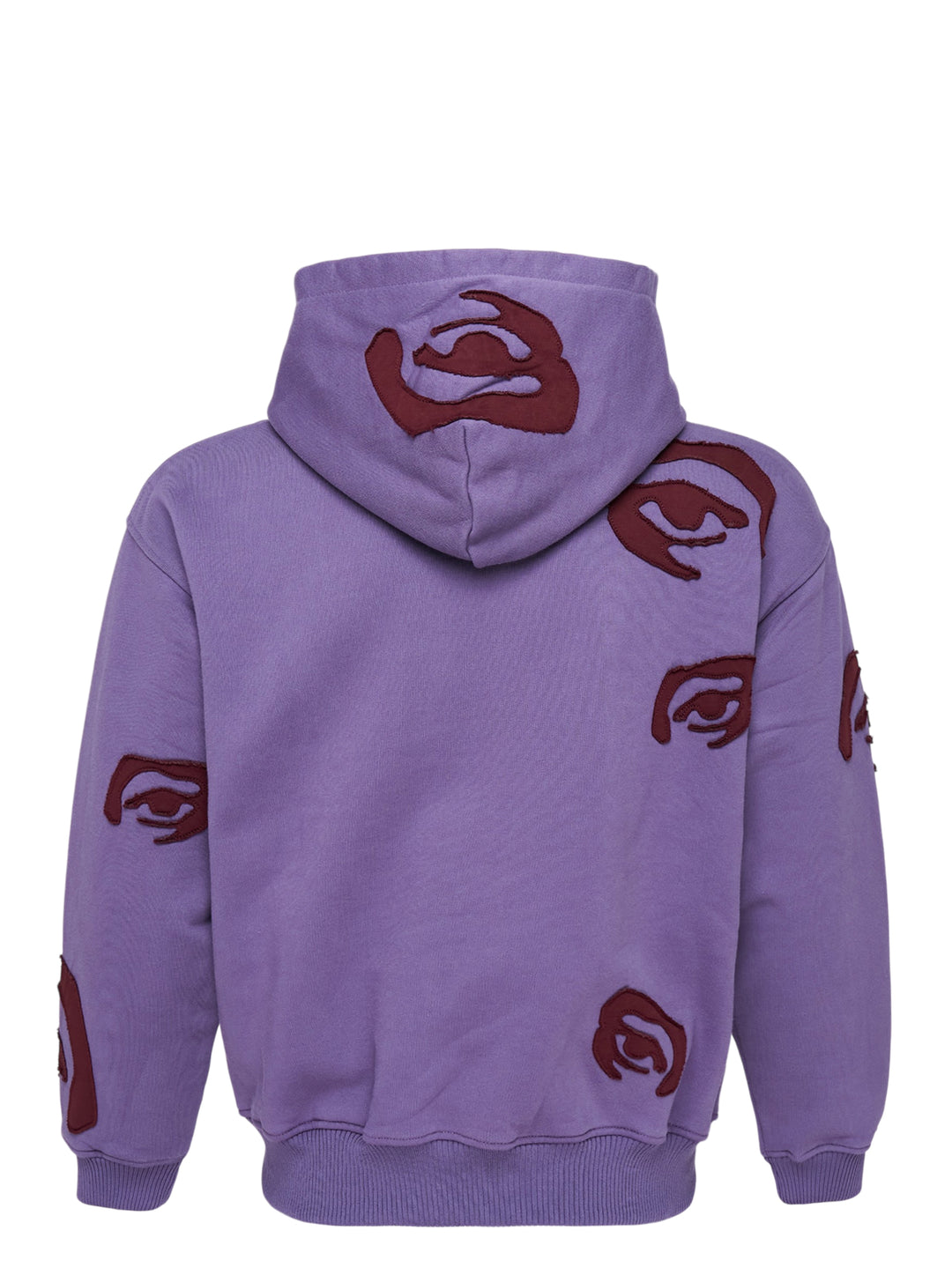 KidSuper Studios Allover Eye Zip Hoodie in lilac with burgundy raw-edge eye appliqués, drawstring hood and kangaroo pocket - view 2