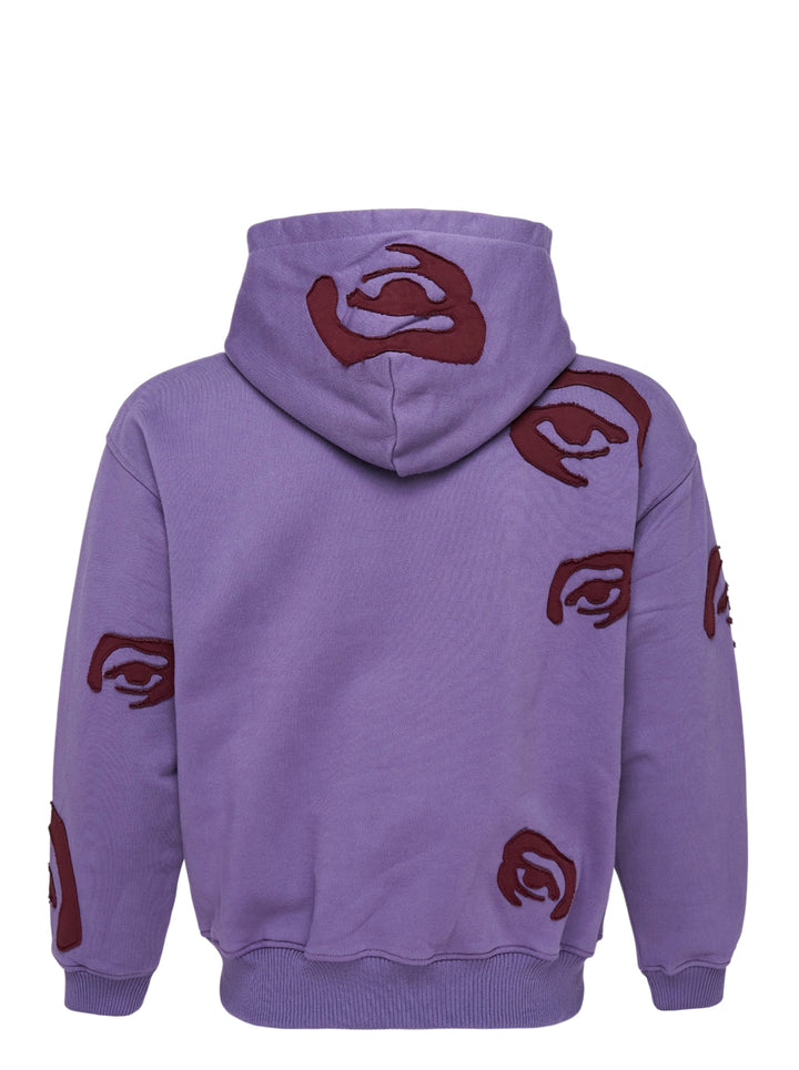 KidSuper Studios Allover Eye Zip Hoodie in lilac with burgundy raw-edge eye appliqués, drawstring hood and kangaroo pocket - view 2