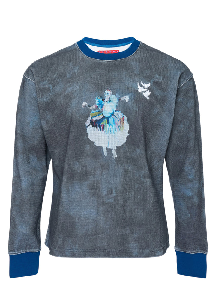 KidSuper Studios Puppet Master Thermal in washed grey-blue tie-dye waffle knit with a painted dancer graphic, white dove embroidery and contrast blue collar and cuffs