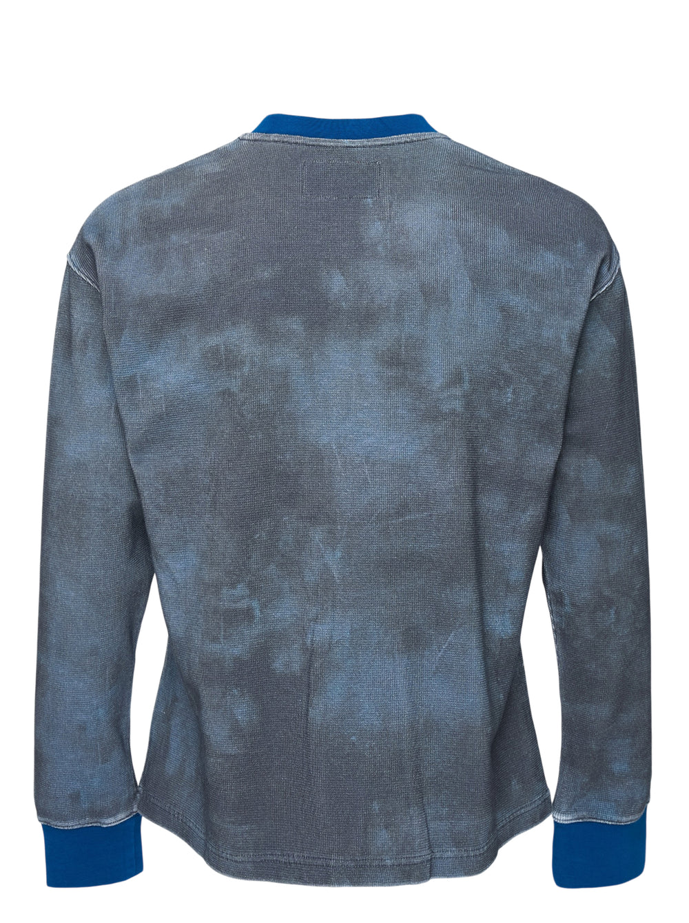 KidSuper Studios Puppet Master Thermal in washed grey-blue tie-dye waffle knit with a painted dancer graphic, white dove embroidery and contrast blue collar and cuffs - view 2