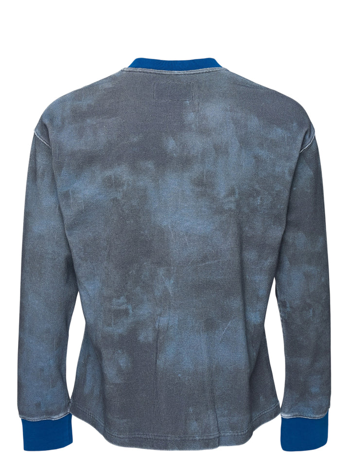 KidSuper Studios Puppet Master Thermal in washed grey-blue tie-dye waffle knit with a painted dancer graphic, white dove embroidery and contrast blue collar and cuffs - view 2