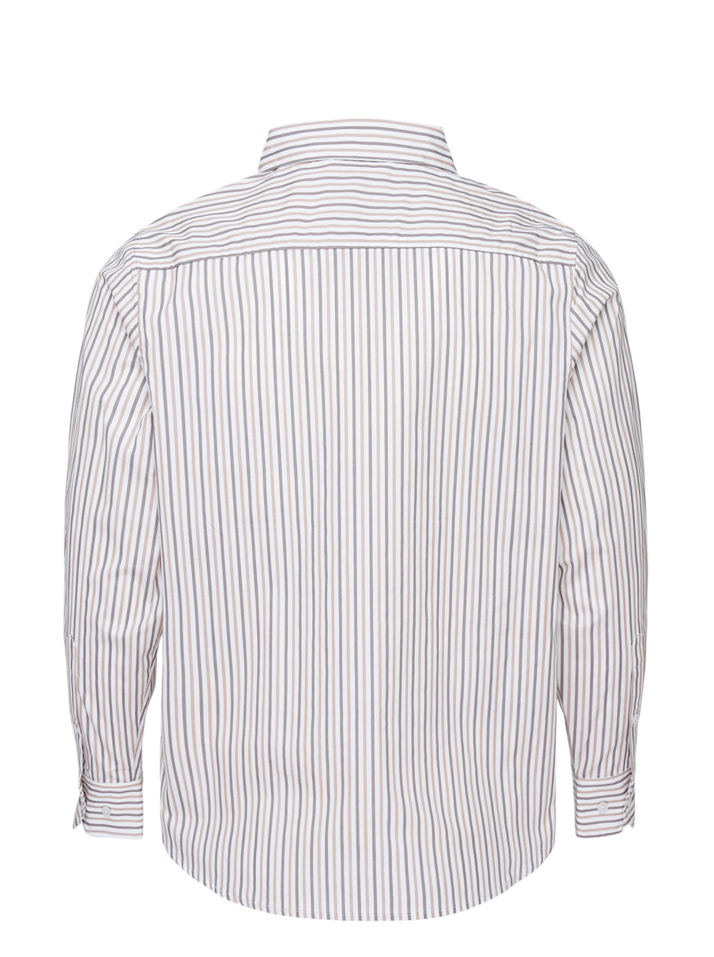 KidSuper Studios long sleeve striped button-up shirt in white, grey and taupe with an abstract line-drawn face print at the hem and an asymmetric collar - view 2