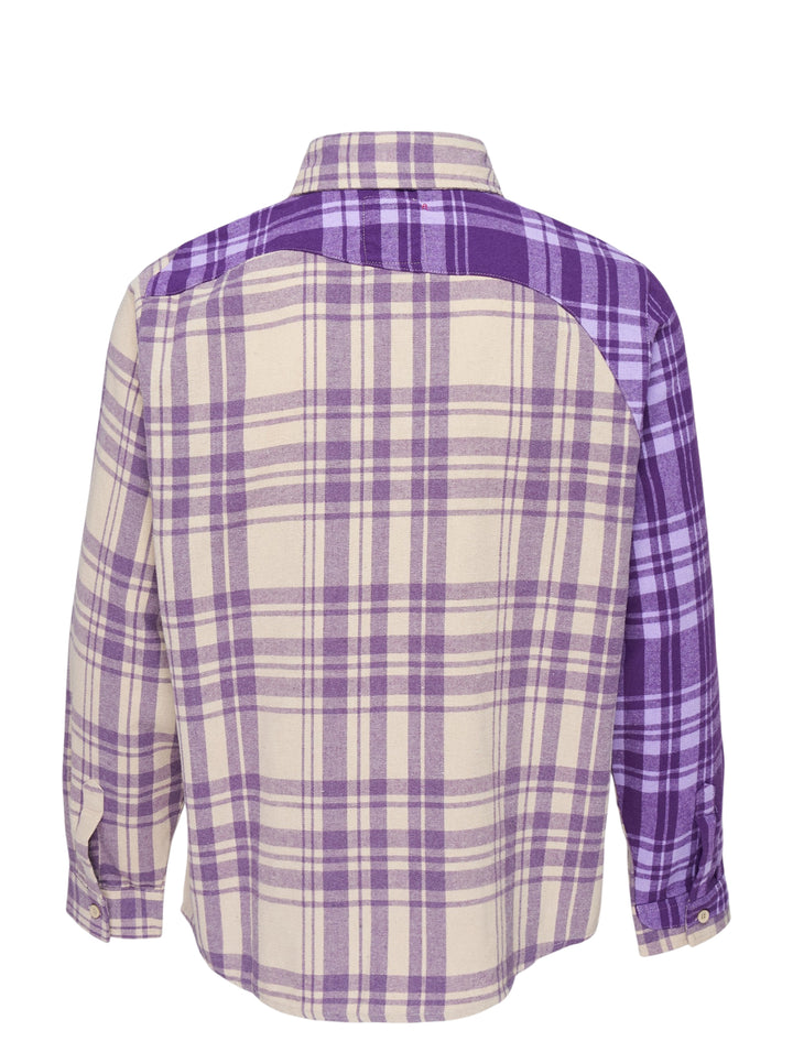 KidSuper Studios Patchwork Face Flannel Shirt in purple and cream plaid with abstract appliqué face panels, shown from the front - view 2