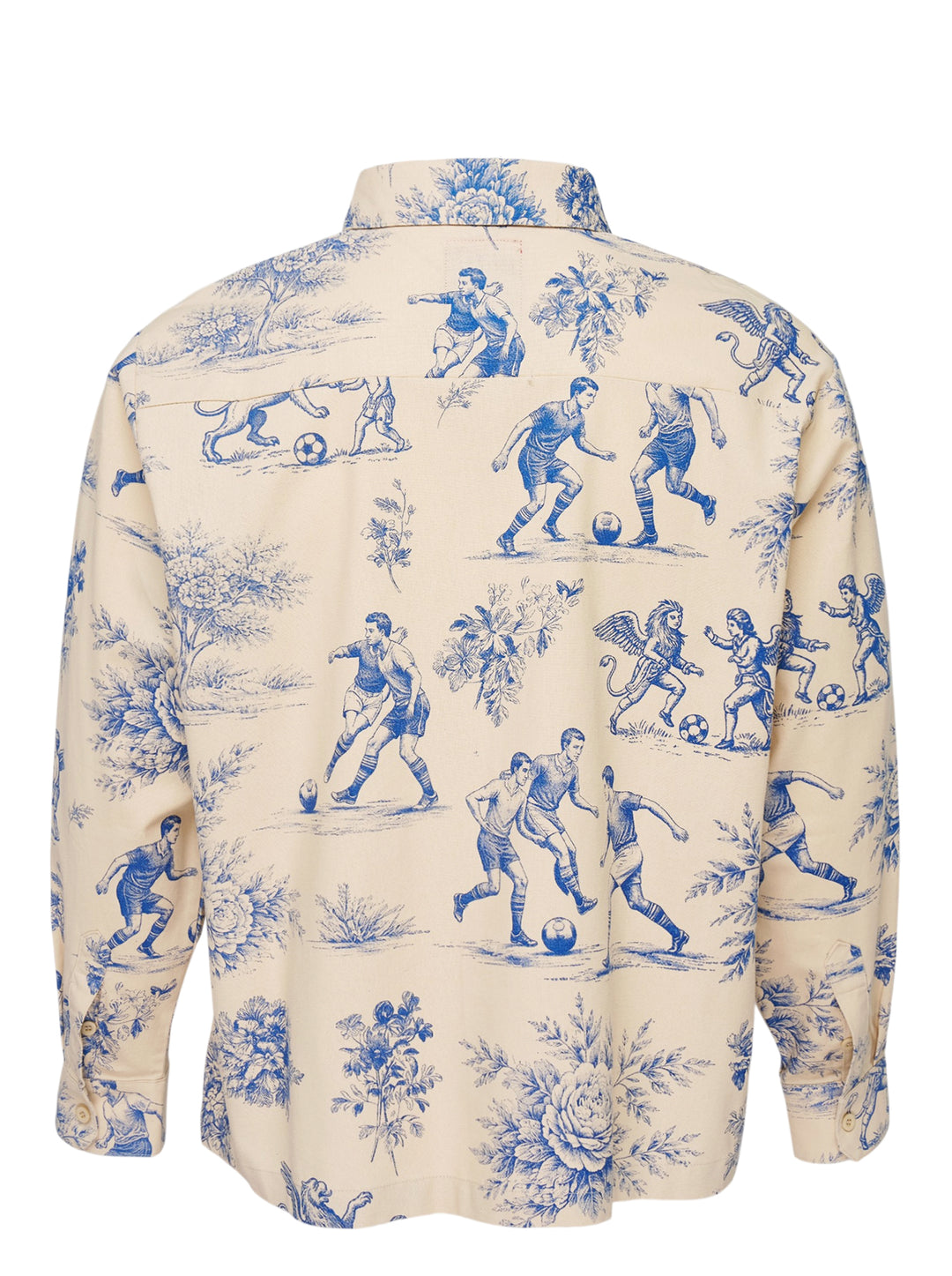 KidSuper Studios cream long sleeve button-up shirt with blue toile de Jouy print of footballers, winged griffins and peonies, with asymmetric collar and chest pocket - view 2