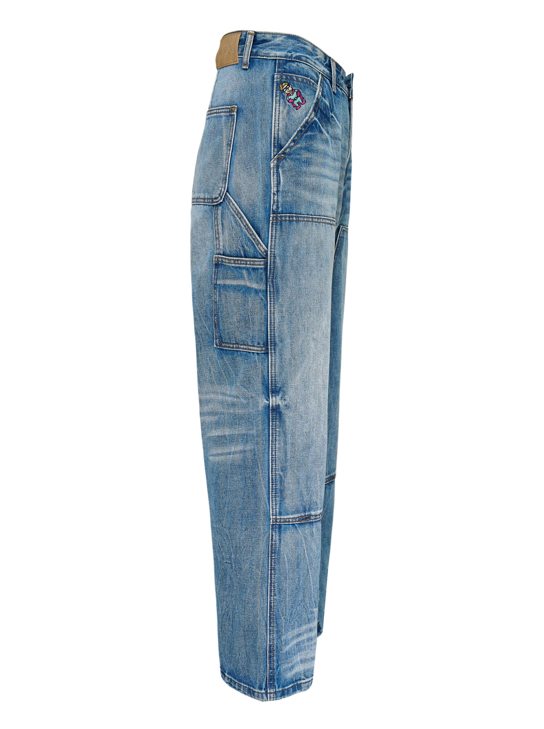KidSuper Studios Eye Badge washed double knee jeans in faded blue denim with contrast topstitching and utility hammer loop, front view - view 3
