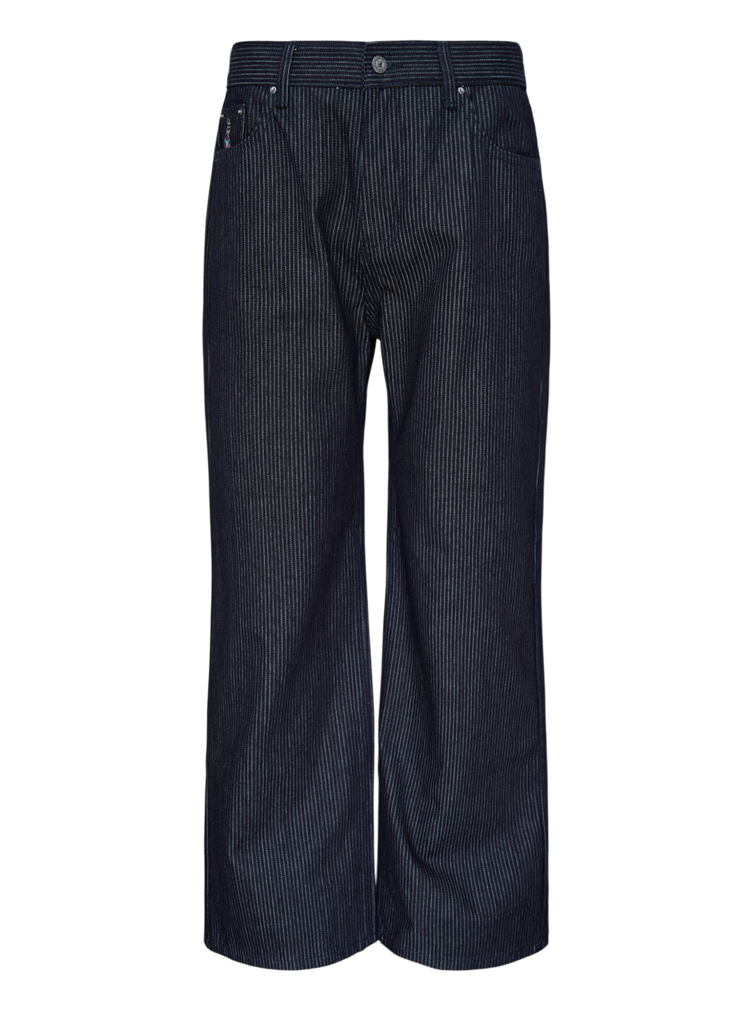 KidSuper Studios Stripe Dove Denim Pants in dark indigo with fine vertical pinstripes, a ridged waistband and a wide-leg cut, shown from the front