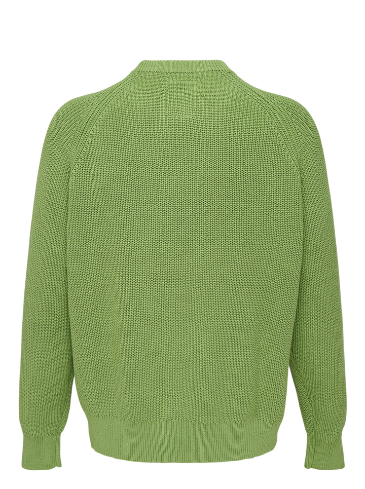 KidSuper Studios green ribbed knit sweater with a yellow embroidered sunflower at the hem and yellow script logo at the shoulder - view 2