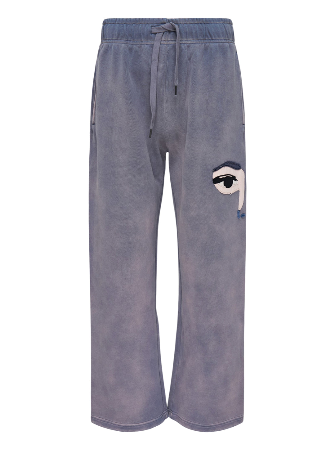 KidSuper Studios Face Sweatpants in washed lavender-grey with an appliqué eye patch and drawstring waist
