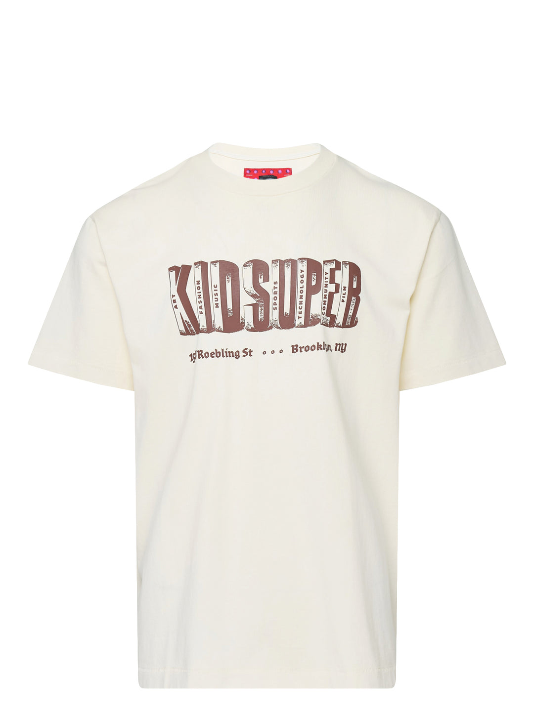 KidSuper Studios Block Letters Tee in cream with brown dimensional block-letter logo and Brooklyn, NY address print on the chest