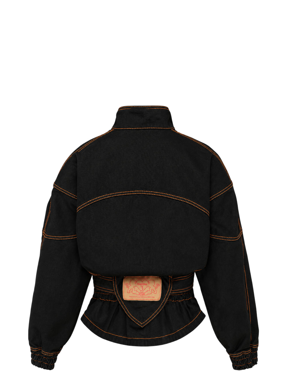 Vaquera women's black denim jacket with orange contrast topstitching, stand collar, button-tab pocket flaps, belted waist and elasticated cuffs - view 2