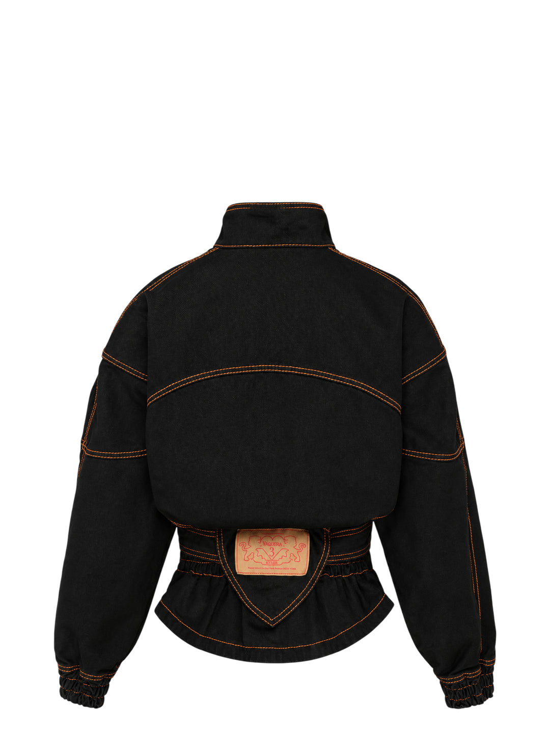 Vaquera women's black denim jacket with orange contrast topstitching, stand collar, button-tab pocket flaps, belted waist and elasticated cuffs - view 2