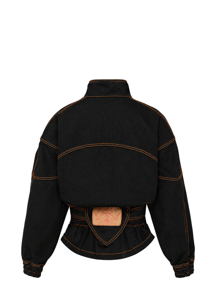 Vaquera women's black denim jacket with orange contrast topstitching, stand collar, button-tab pocket flaps, belted waist and elasticated cuffs - view 2